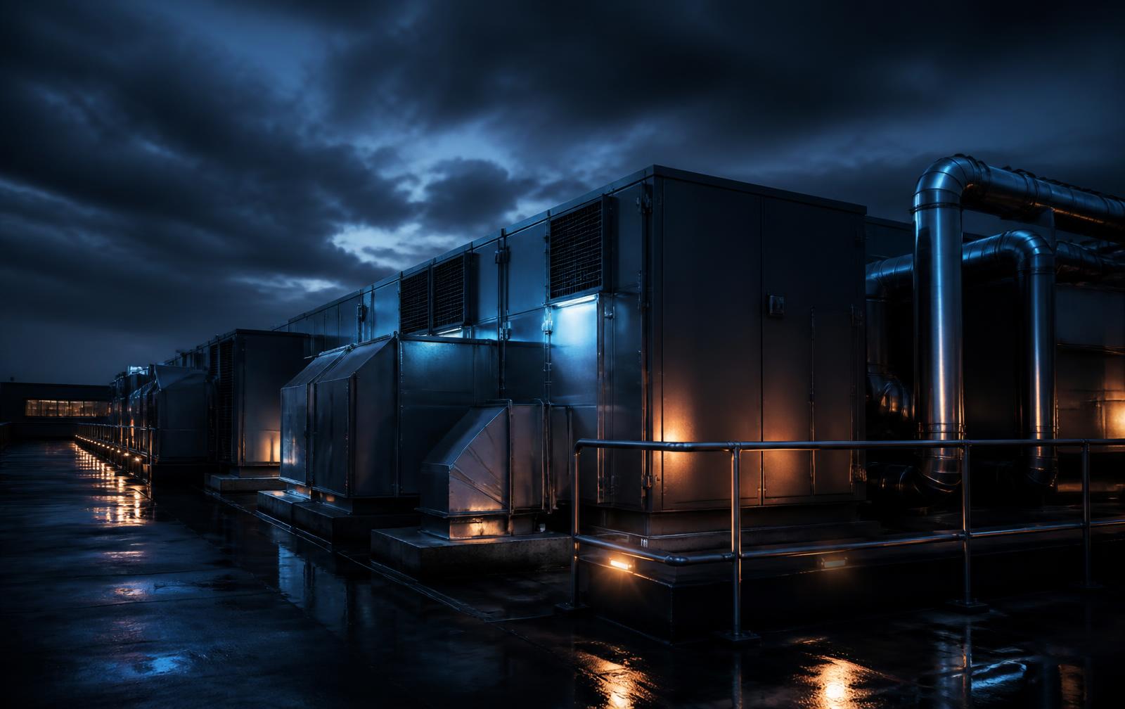 Commercial rooftop HVAC units at dusk in Westchester County