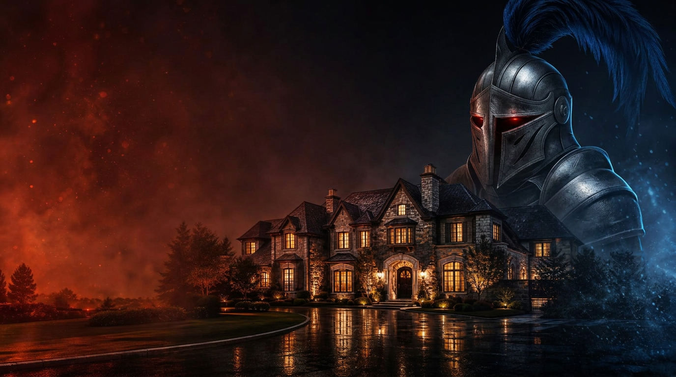 Luxury Westchester County residence at night guarded by a metallic knight helmet, with red heat glow on the left and blue cooling mist on the right