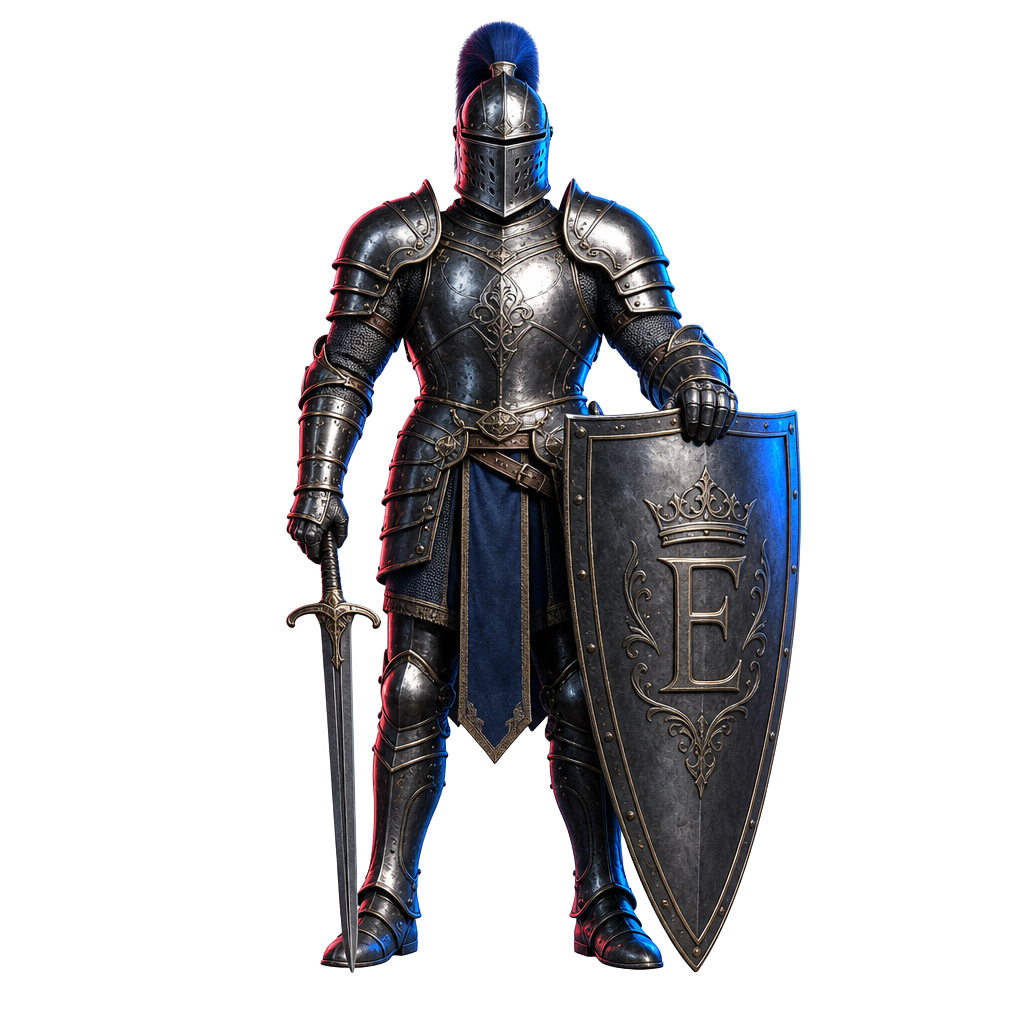 Empire Heating & Air guardian knight in dark gunmetal plate armor holding a sword and brushed-steel shield with a crowned E crest
